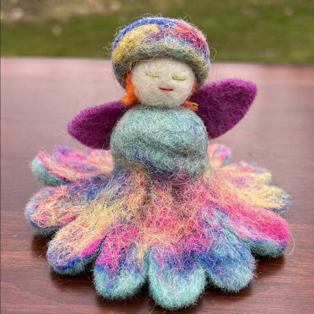 Artisan Handmade Felted Colorful Redheaded Flower Fairy Figurine Felt Doll
